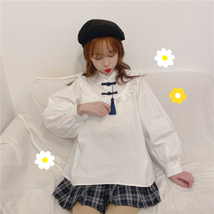 Áo nữ mỏng màu trắng dài tay có nút cài