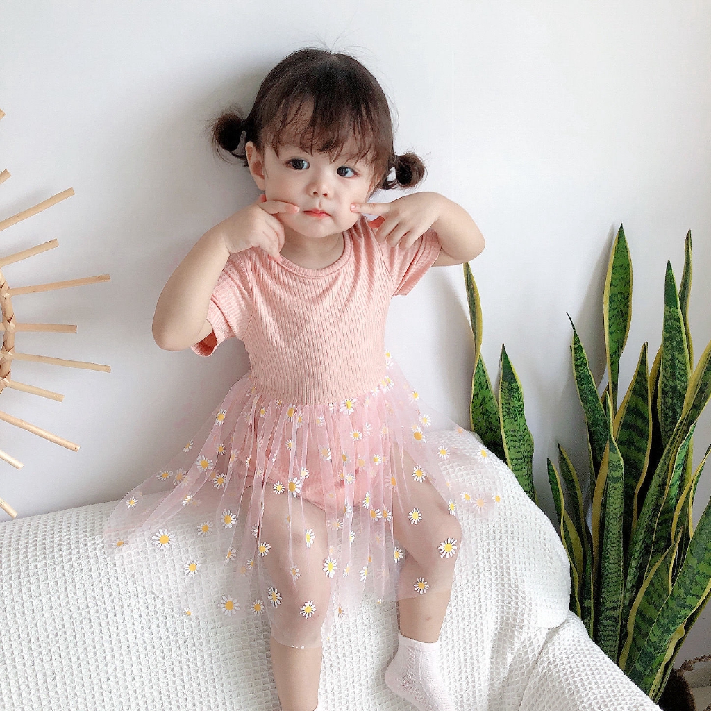 Jumpsuit cotton tutu lưới hoạ tiết hoa cúc công chúa tay ngắn cho bé gái