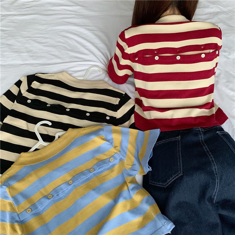 HPCL📣Áo Sweater ngắn tay họa tiết kẻ sọc phong cách Hàn quốc | BigBuy360 - bigbuy360.vn