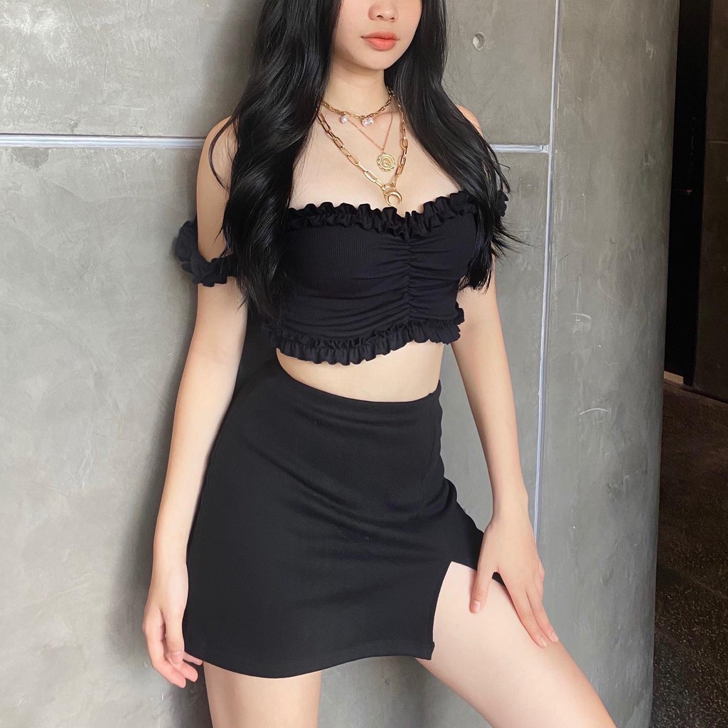 Chân váy trơn sẻ đùi Kalie, chân váy thun co giãn, 2 lớp