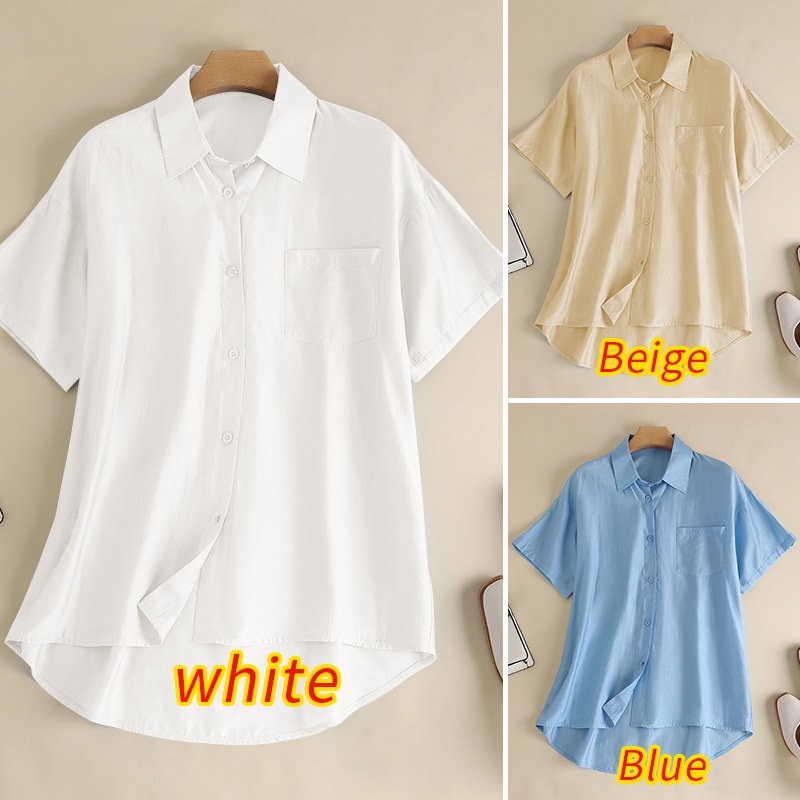 Áo sơ mi Zanzea tay ngắn cổ bẻ có túi trước thời trang cho nữ