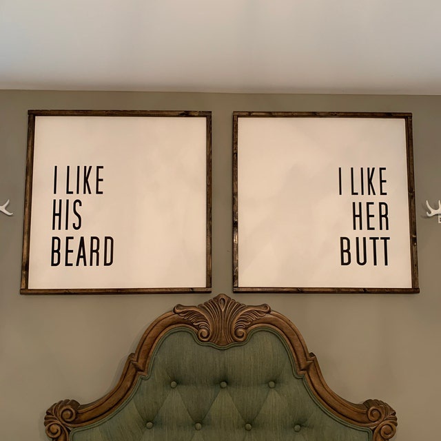 Bộ 2 Tranh gỗ handmade I like his beard I like her butt trang trí phòng ngủ