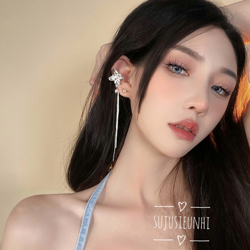 (không xỏ) khuyên tai hình bướm 3 cánh tua dài kẹp vành màu bạc đính ngọc nhân tạo