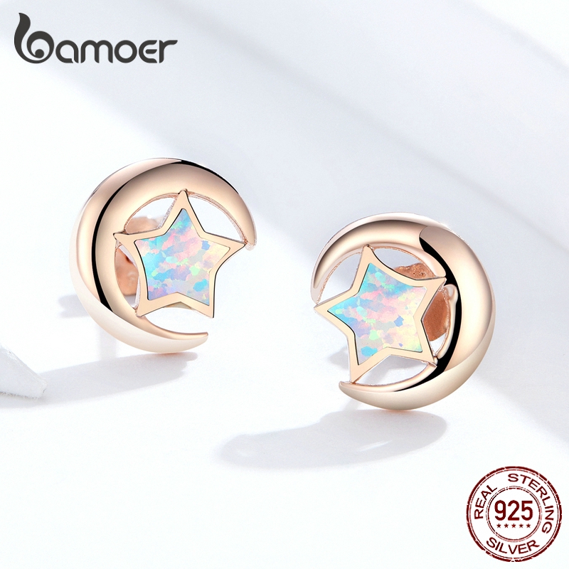 Khuyên tai Bamoer bạc 925 hình mặt trăng và ngôi sao 2 màu thời trang