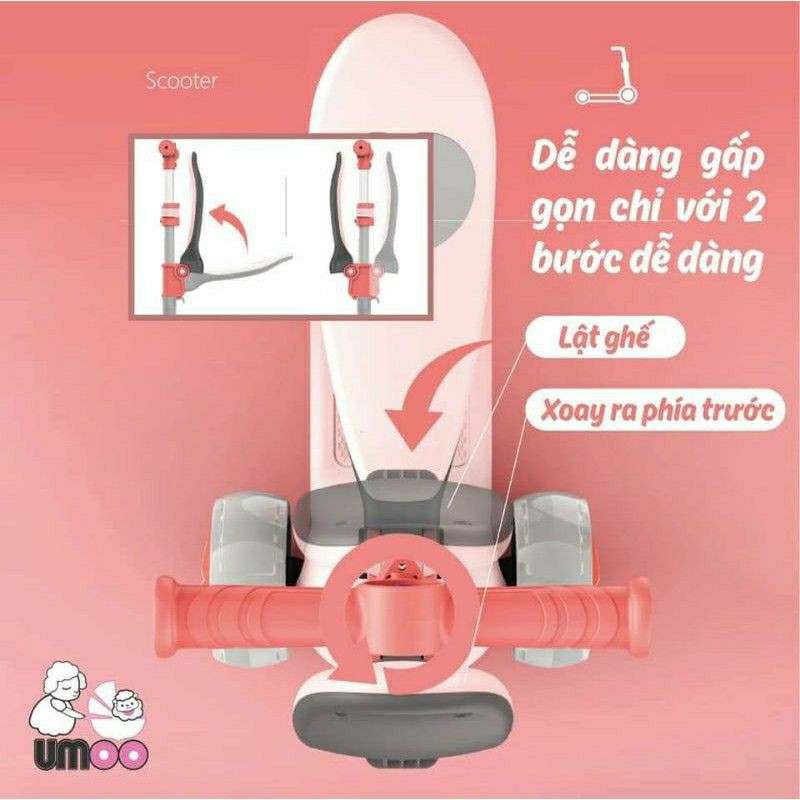 Xe trượt Scooter cho bé Umoo 2 trong 1 hình heo UM-0277, vừa là xe scooter vừa là xe chòi chân