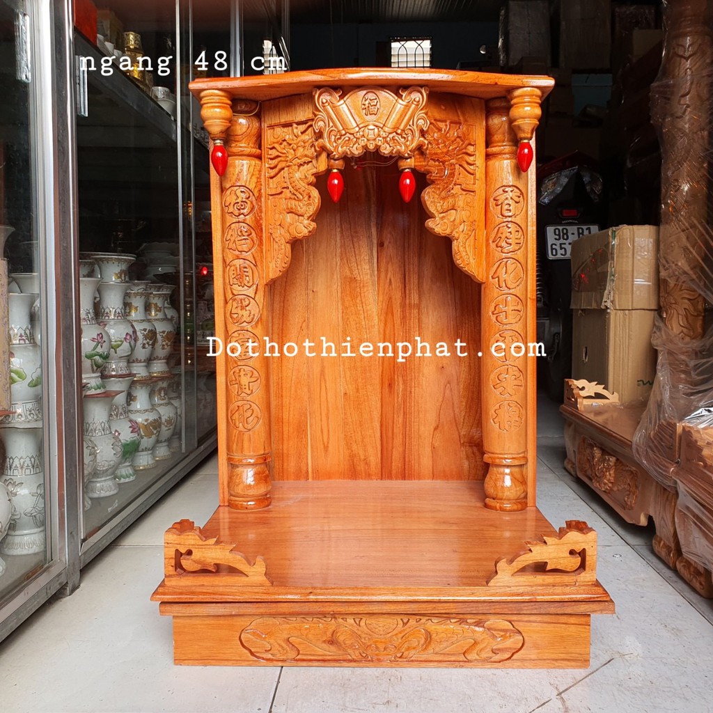 Bàn thờ thần tài ông địa gỗ xoan ngang 48cm lọng hộp
