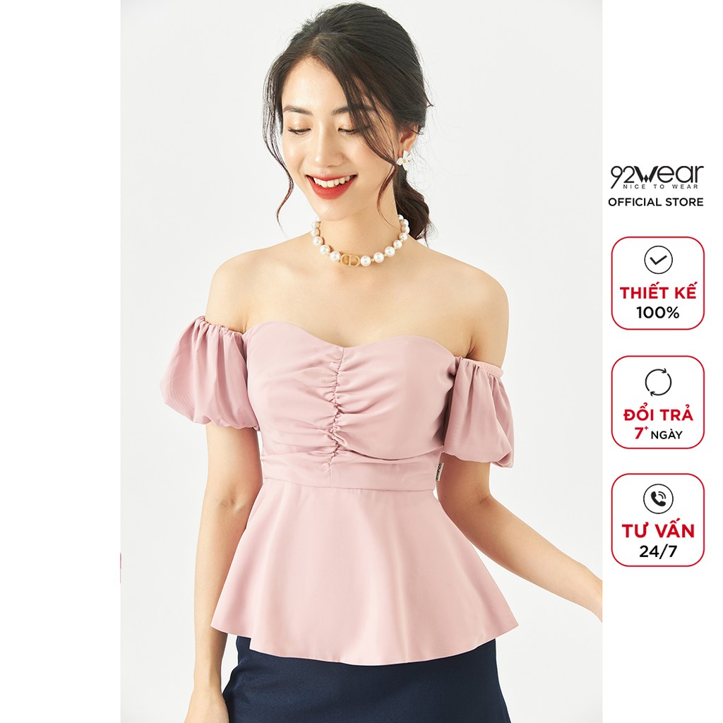 Áo sơ mi nữ 92WEAR kiểu ngắn tay trễ vai màu trắng hồng gợi cảm sexy tay bồng hàn quốc trơn đẹp ASW0543 - 92Wear