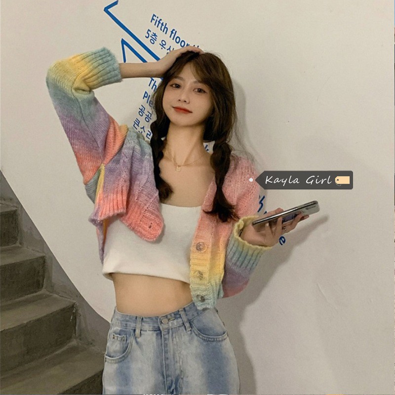 Khoác Len Cardigan | Áo Khoác Len Cardigan Loang Màu Dáng Croptop Cổ V Lạ Mắt, Áo Thu Đông Ulzzang Siêu Xinh | BigBuy360 - bigbuy360.vn