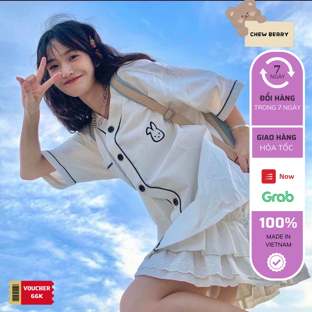 Áo sơ mi nữ tay ngắn , áo form rộng cổ V viền thỏ đi học xinh xắn