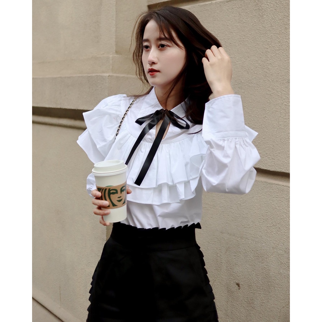Set Áo Sơ Mi Trắng Cổ Nơ, Quần Đùi Cạp Cao - Choose Me KLP