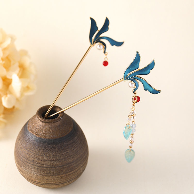 Trâm Cài Tóc Dáng Dài Hình Lá Phối Tua Rua Phong Cách Hán Phục Cổ Điển