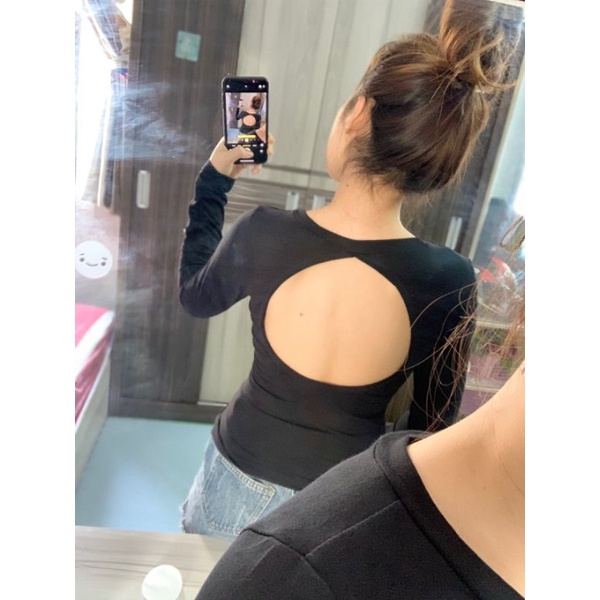 Áo Thun Nữ Kiểu Hở Lưng Tay Dài Có Kèm Mút Ngực Áo Cổ Tròn Khoét Hở Lưng