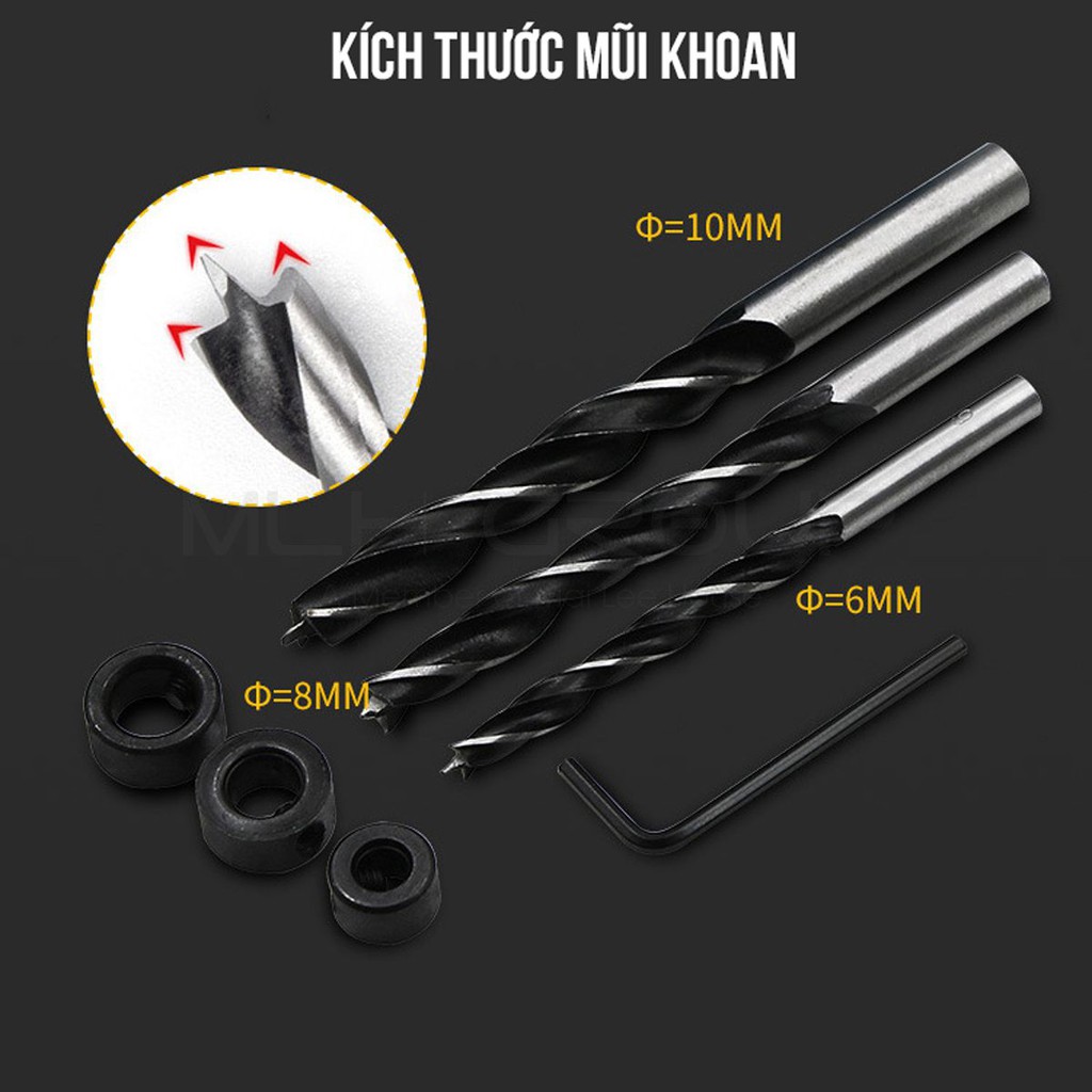 Bộ Định Vị Mũi Lỗ Khoan Xiên Chéo, Định Vị Lỗ Nghiêng 15 Độ (6mm/8mm/10mm) Gồm 14 chi tiết Chất Liêu Nhôm Kim Loại MLH