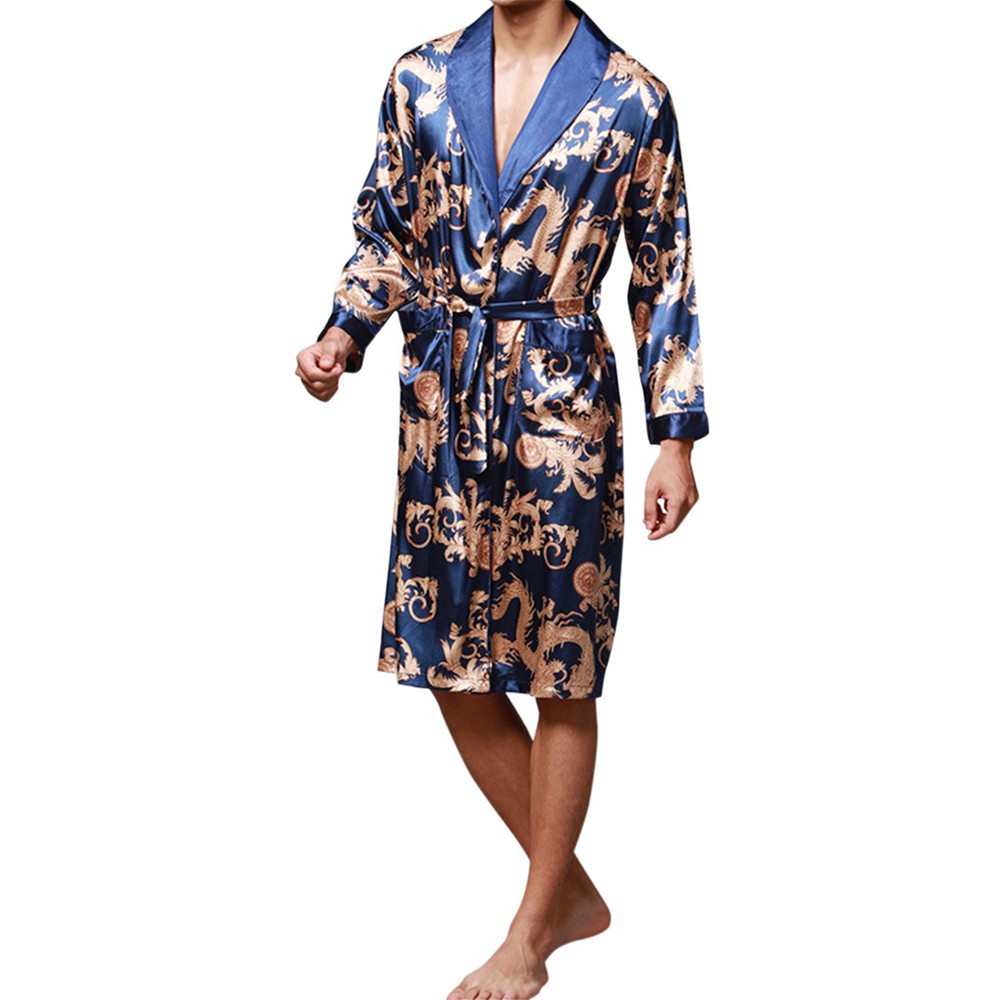 Áo choàng ngủ vải satin in hình rồng cho nam