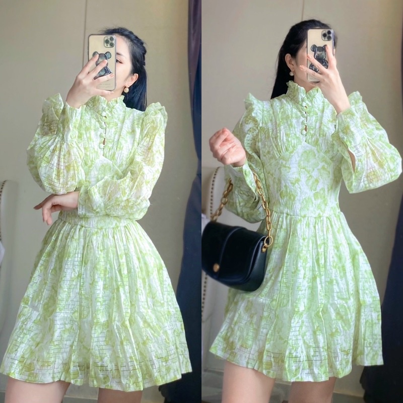 Đầm xốp hoa xanh lá nút bọc tay dài, váy ngắn xoè nhẹ sang trọng quý phái, thời trang tiểu thư công chúa đi chơi dự tiệc