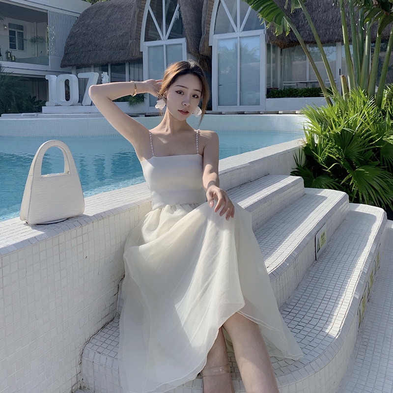 IELGY Đầm Dáng Chữ A Hai Dây Ôm Eo Màu Trơn Lãng Mạn Màu Sắc