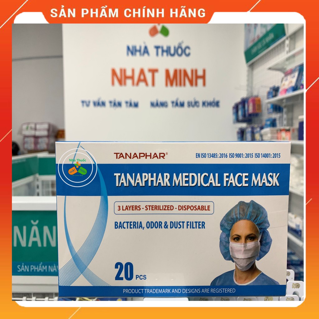 [Chính Hãng] Hộp Khẩu Trang Y Tế TANAPHAR 3 Lớp Đã Tiệt Trùng, 20 Chiếc, Màu Trắng