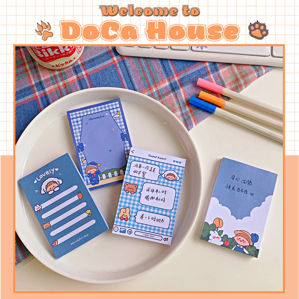 Giấy sticky note DOCA, giấy ghi chú tone xanh dương họa tiết bé gái dễ thương 80 tờ