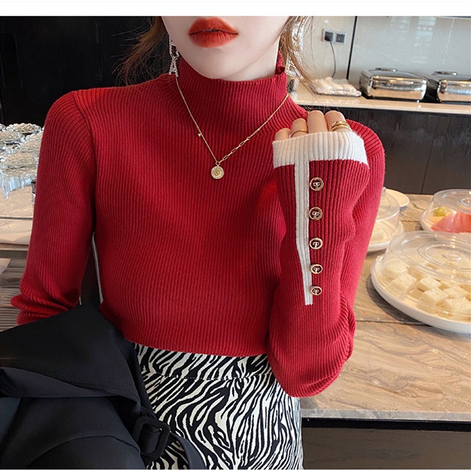 SUXI Áo len cổ cao màu sắc đơn giản cho nữ