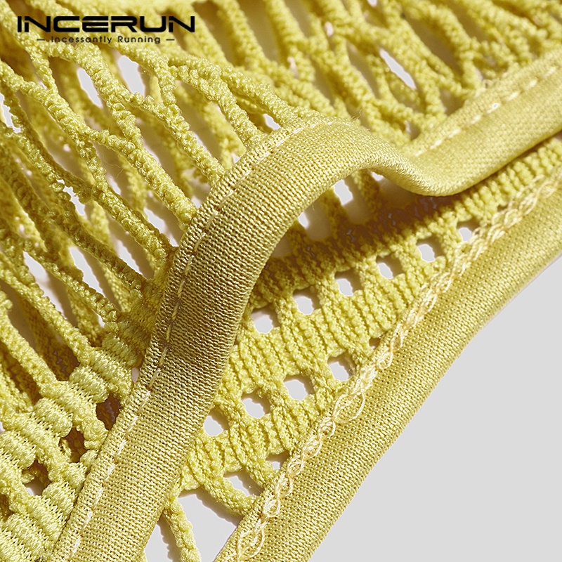 Áo lưới ba lỗ INCERUN xuyên thấu kẻ sọc nhiều màu sắc phong cách hippie cho nam