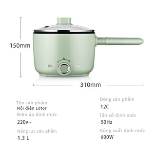 Nồi điện đa năng mini  Lotor 1.3 Lít ca nấu mì- Công dụng Chiên, Xào, Nấu, Nhúng, nồi có lớp chống dính cao cấp