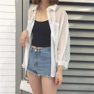 Áo sơ mi Chiffon mỏng form rộng phối túi thời trang cho nữ