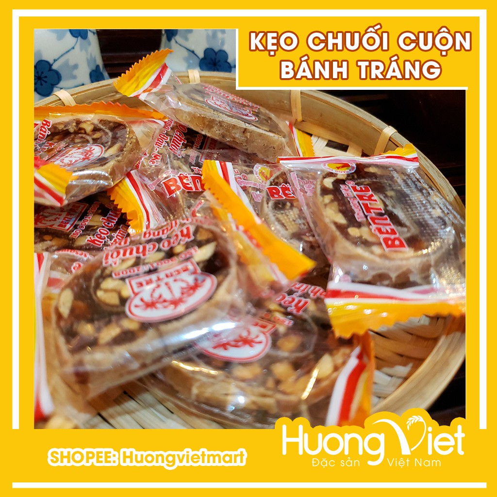 Kẹo chuối cuộn bánh tráng Bến Tre 450g, kẹo chuối cuộn bánh tráng đậu mè thương hiệu Hai tỏ Bến Tre