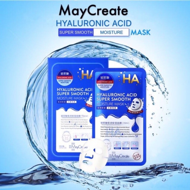 Hộp 20 miếng Mặt nạ giấy dưỡng trắng da mụn cấp ẩm thải độc HA Hyaluronic Acid Maycreate