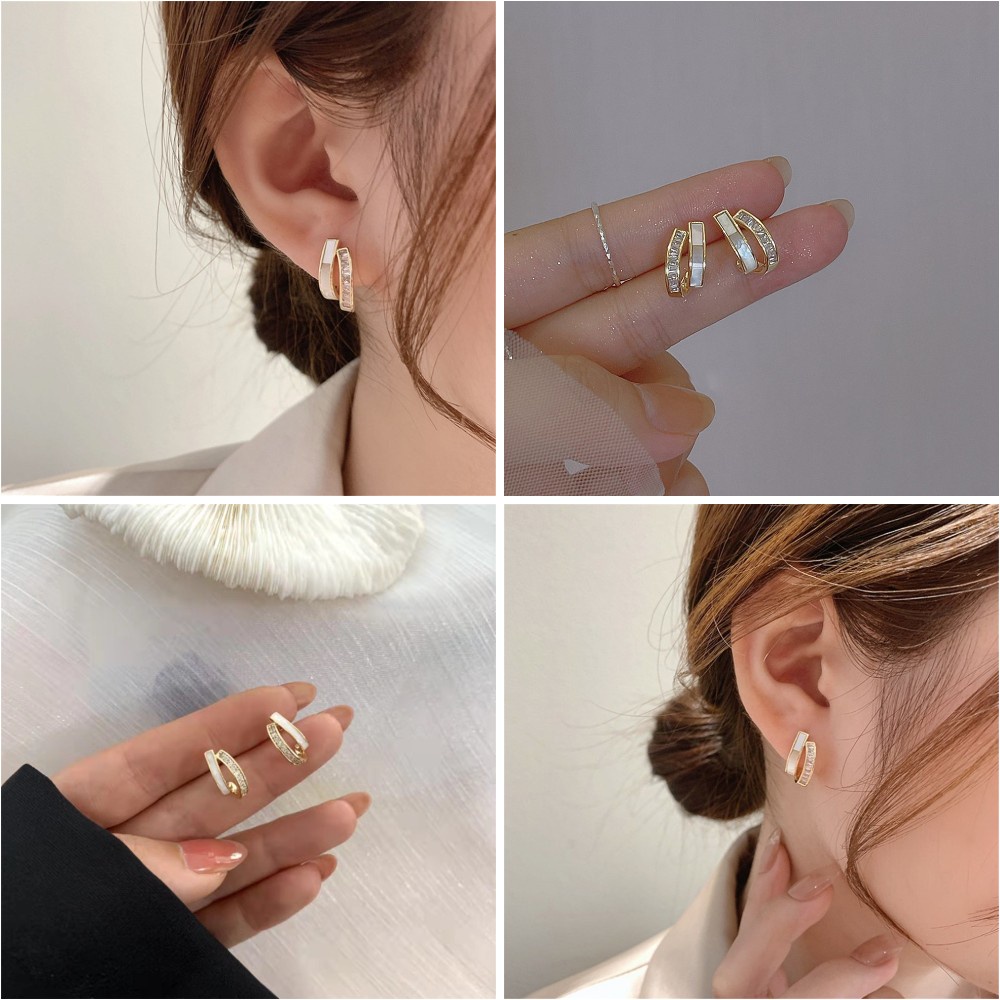 ★★★ 1 Cặp Bông Tai Hình Học Đính Kim Cương Tự Nhiên Sang Trọng Phong Cách Hàn Quốc