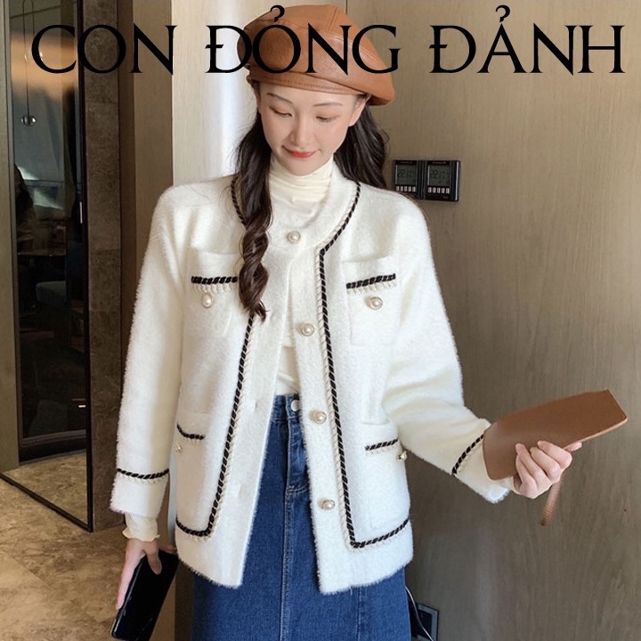 Áo khoác len lông thỏ cúc ngọc cổ tròn CON ĐỎNG ĐẢNH AO031 (ẢNH THẬT)