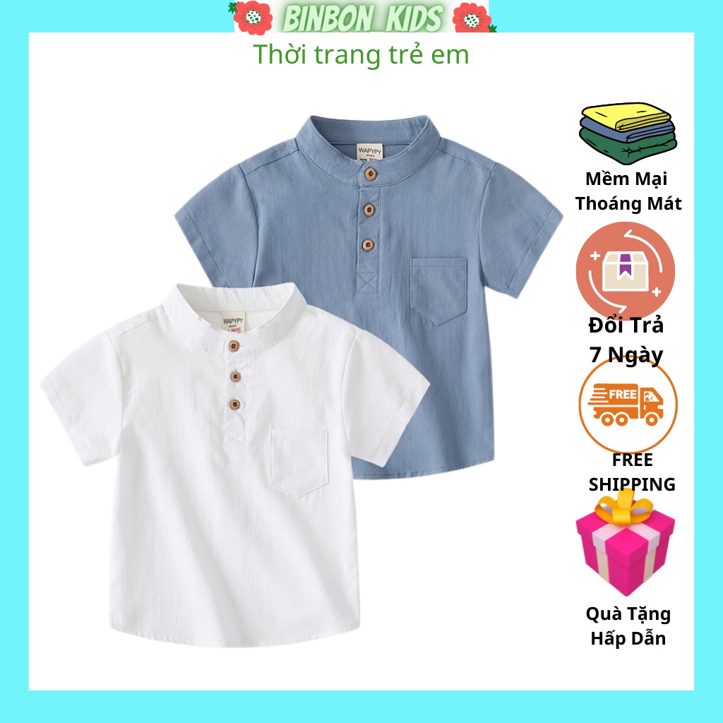 Áo sơ mi bé trai BINBON KIDS, Áo cộc tay bé trai chất đũi xước cao cấp cổ trụ 1 túi cực mát cho bé từ 8-28kg ASM45
