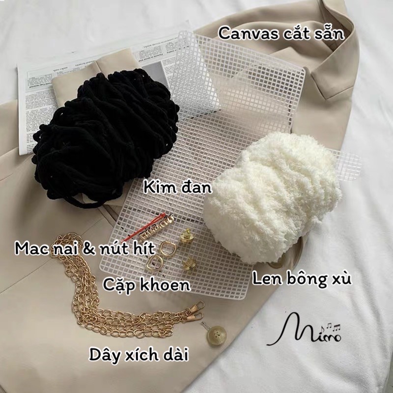 Túi Handmade tự đan đầy đủ phụ kiện đan len gồm len mịn, cancas cắt sẵn, dây xích hot tiktok