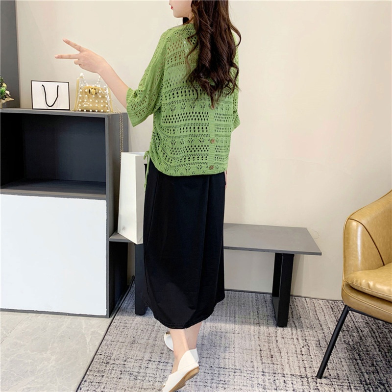 Bộ Áo Sơ Mi Dệt Kim Dáng Dài + Đầm Hai Dây Màu Trơn Thời Trang Mùa Hè Hàn Quốc Cho Nữ