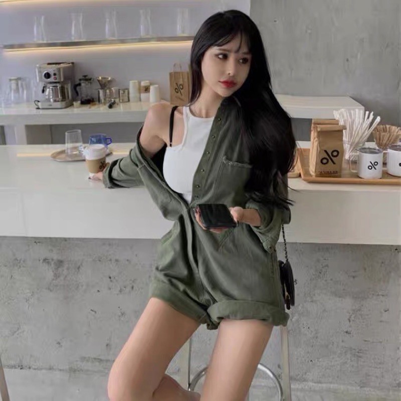 set jumpsuit xanh quân đội