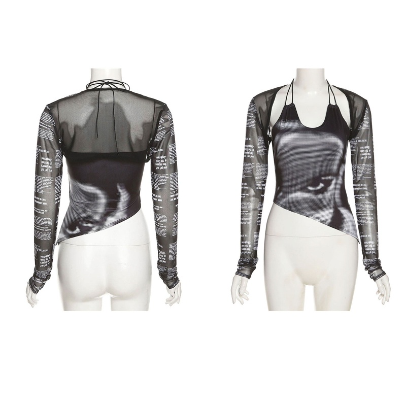 Bộ Áo Croptop 2 Dây In Chữ Phối Lưới Thiết Kế Quyến Rũ Cho Nữ