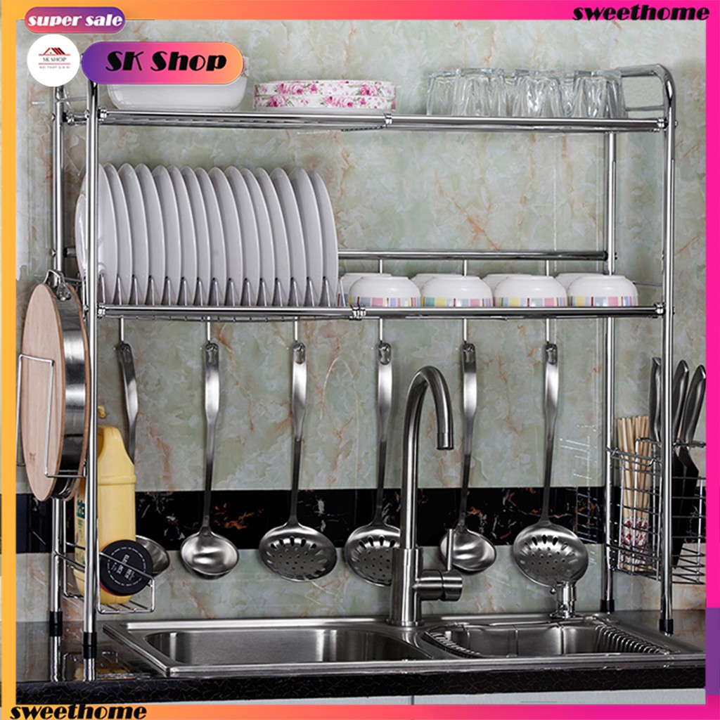 Kệ Nhà Bếp Đa Năng Để Chậu Rửa Giá Dắt Dao Thớt Để Chén Bát Có Móc Treo Đồ full inox