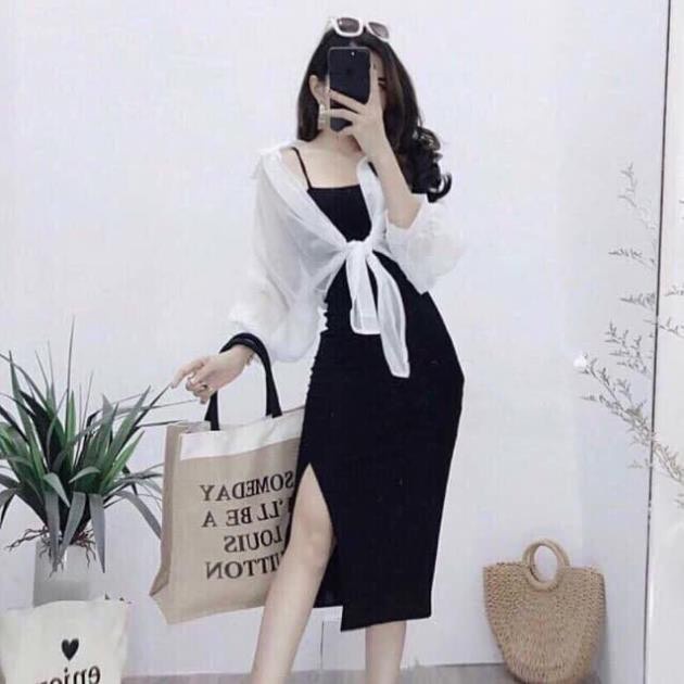 Áo sơ mi voan buộc vạt kèm đầm đen body 2 dây đen siêu co giãn ôm sát tiểu thư. MET SHOP