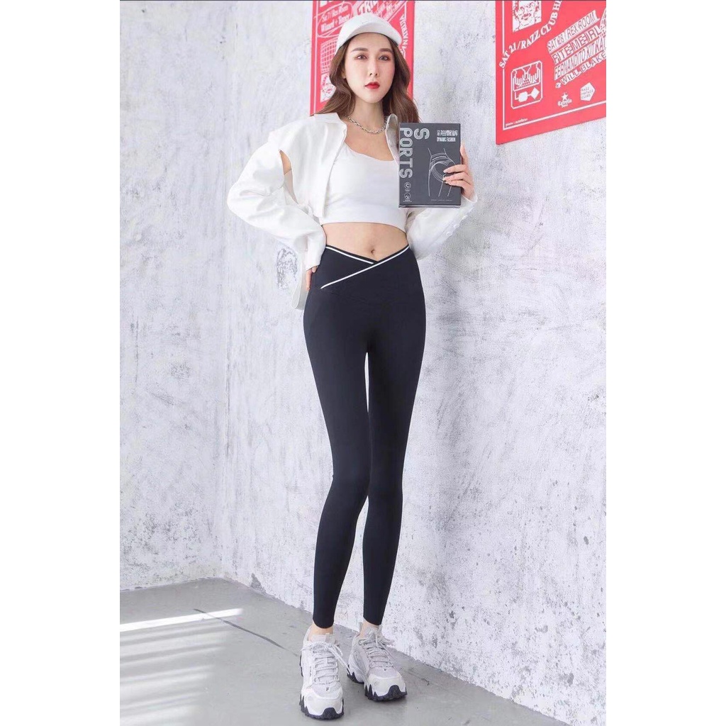 Quần legging nữ cạp cao vạt chéo gen bụng vải umi co giãn viền sọc trắng nâng mông dáng thể thao tập gym yoga ROSA BOUTI
