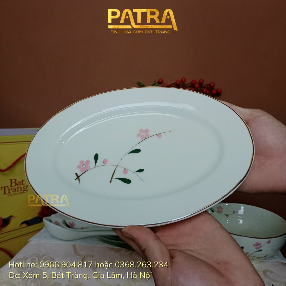 Bộ bát đĩa sứ Bát Tràng, bộ chén dĩa men kem họa tiết hoa đào đỏ 13 chi tiết, có bán các món lẻ
