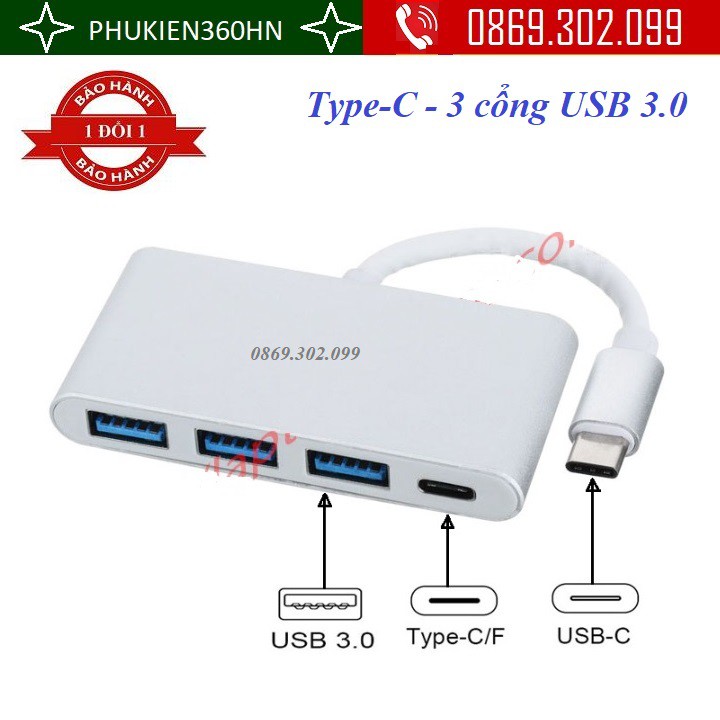 Bộ chuyển đổi USB Type-C ra 3 cổng USB 3.0 + Type-C