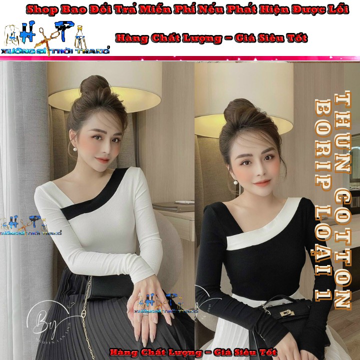 Áo phông nữ đẹp dáng ôm body cổ chữ xéo tay dài màu trắng đen phong cách hàn quốc cực dễ thương thời trang 2021