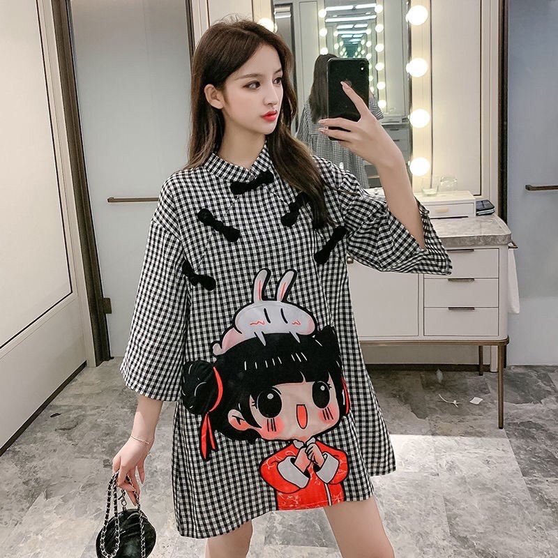 Sườn Xám Caro Hoạt Hình Dáng Suông Rộng | BigBuy360 - bigbuy360.vn