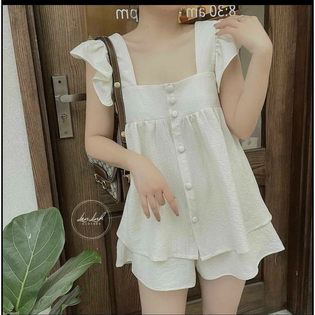 Set đồ nữ mùa hè, bộ đồ nữ áo ba lỗ đính cúc dọc chất mềm mại 2 màu
