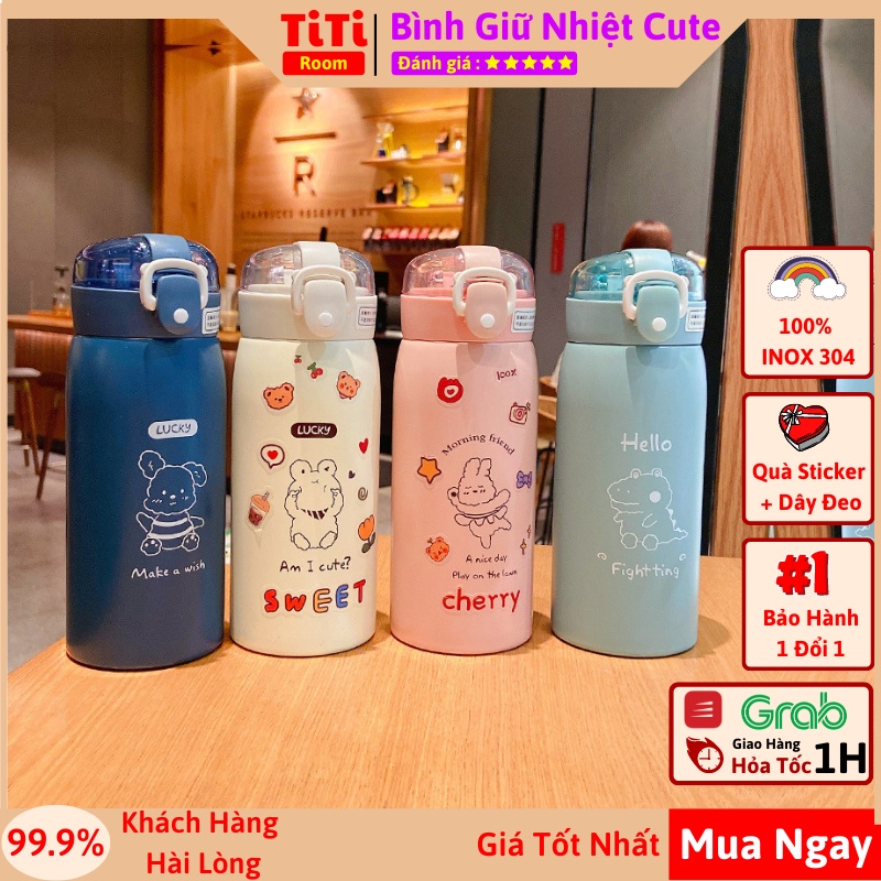 Bình đựng nước giữ nhiệt thép không gỉ INOX 304 dễ thương dung tích 500ml Ly Cốc giữ nhiệt có ống hút kèm dây +sticker
