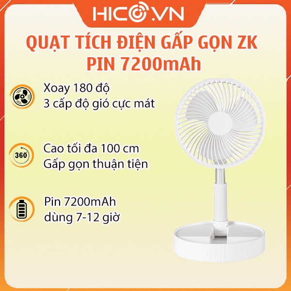 Quạt Tích Điện Gấp Gọn ZK Pin 7200mAh, 3600mAh Đường Kinh Lồng 20cm ZK-20321 , Chỉnh Chiều Cao Đến 1M- Trắng