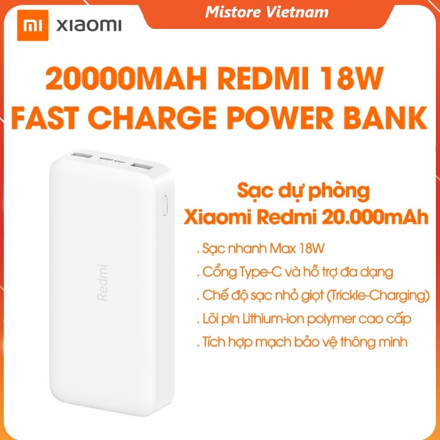 Pin Sạc Dự Phòng Xiaomi Redmi Power Bank 20000 mAh 18W - Chính hãng - BH 6 tháng