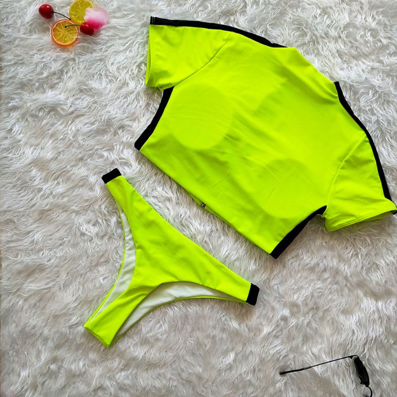 Bộ Bikini Hai Mảnh Ngắn Tay Họa Tiết Sọc Có Khóa Kéo Gợi Cảm Cho Nữ