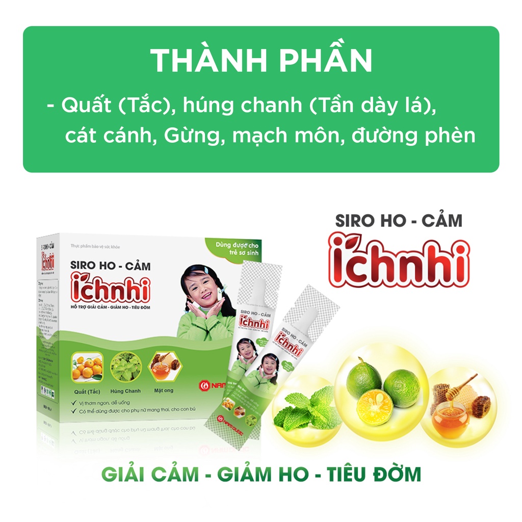 Siro ho cảm Ích Nhi hộp 30 gói x 5ml hỗ trợ giải cảm, giảm ho, sổ mũi, tiêu đờm, dùng cho trẻ nhỏ, bà bầu