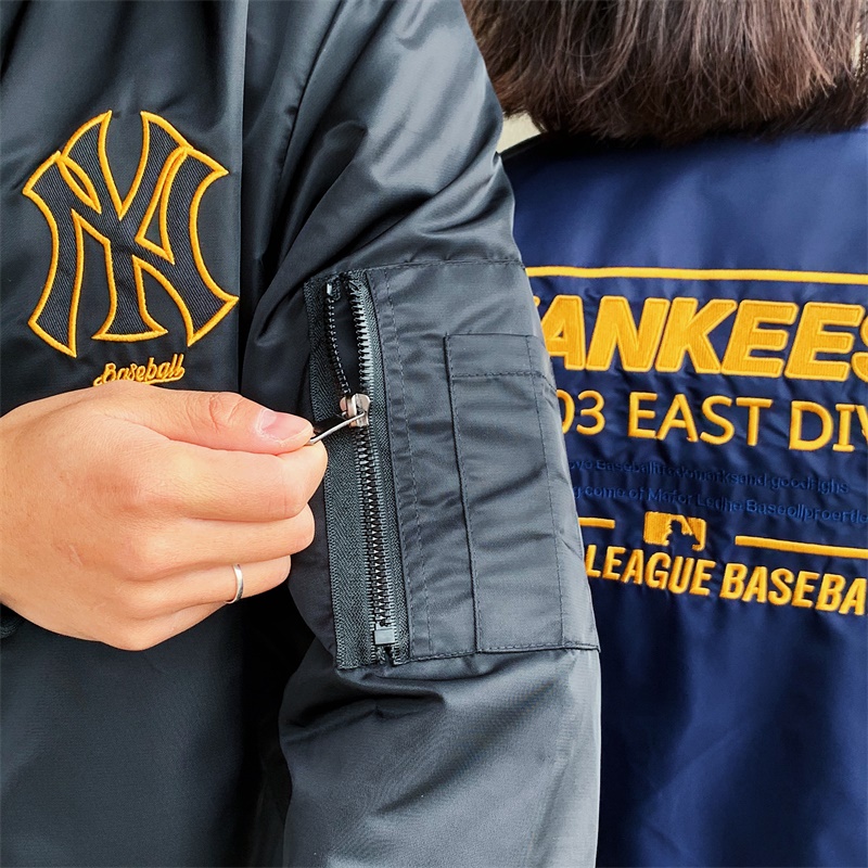 Áo Khoác Bomber Thêu Logo MLB NY Màu Trơn Phối Khóa Kéo Cá Tính Cho Nam Và Nữ