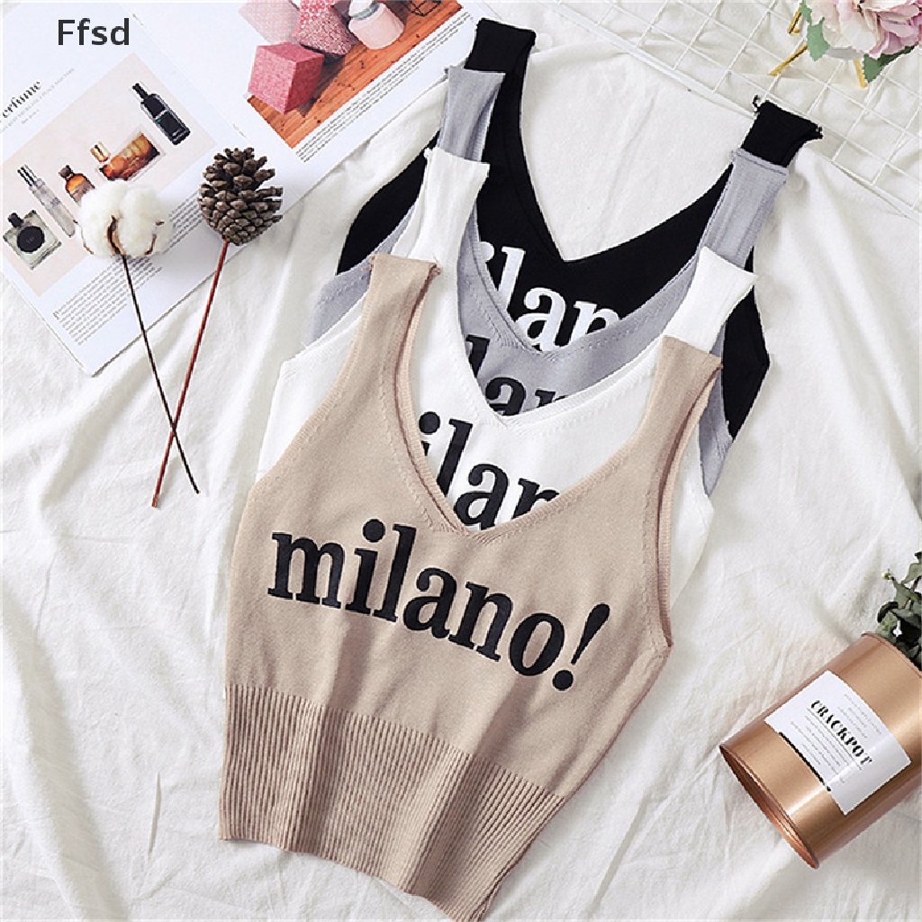 {Ffsd} Áo Crop Top Dệt Kim Hai Dây Cổ Chữ V Khoét Sâu In Chữ Thời Trang Mùa Hè Cho Nữ
